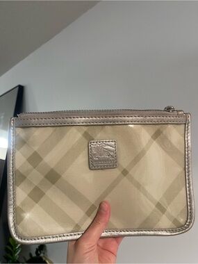 Burberry Light Beige Plaid Pouch with Silver Trim